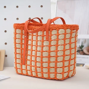 Women's summer handbag patchwork plaid straw totes bag summer large capacity beach bag holiday casual woven small square bag sac